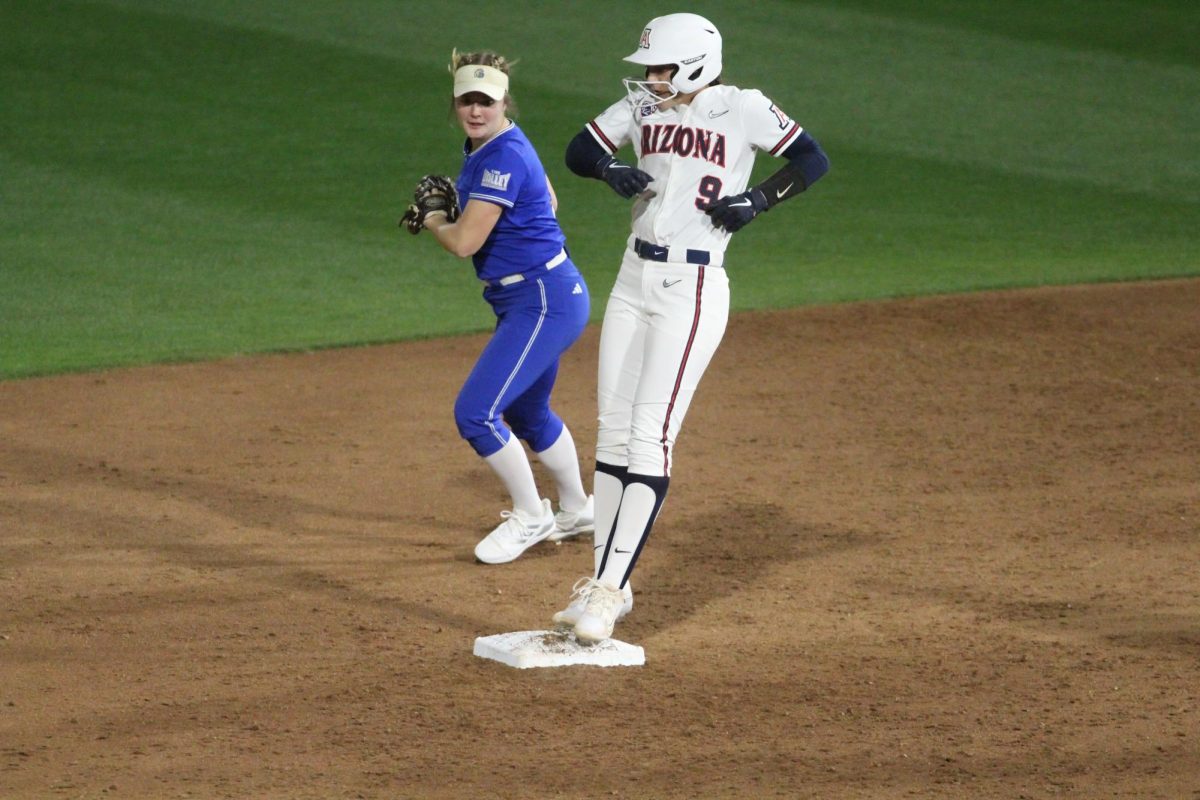 Arizonas Allie Skaggs makes it to second base in the fourth inning at the Hillenbrand Invitational against Drake on Feb. 22. Skaggs hit a double.