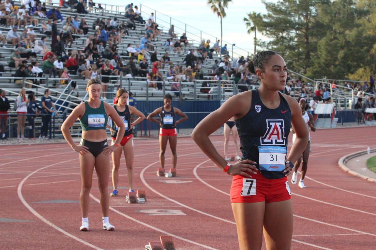 The Willie Williams Classic starts with the Women 400 Hurdles at Roy P. Drachman Stadium on March 22. Athena Montgomery (31) is running along with UA Antonia S. Nunez and Keilee Hall.