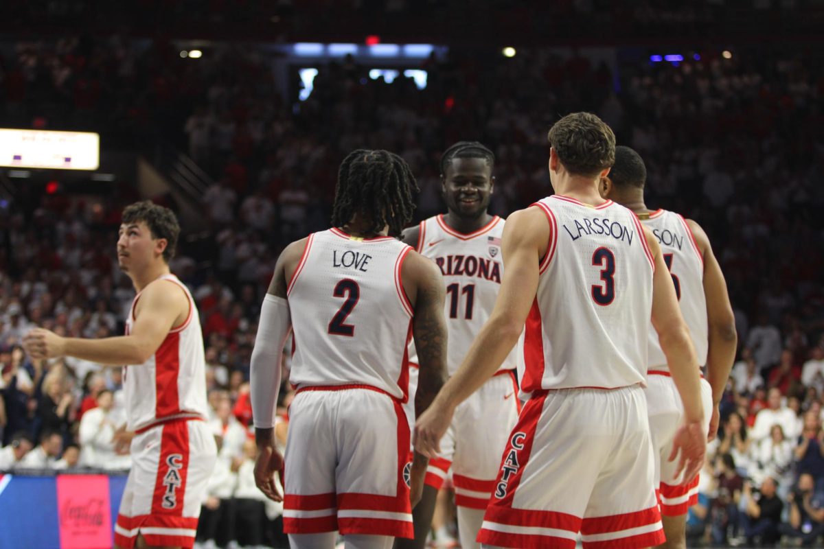 University of Arizona mens basketball plays against Oregon on senior day on March 2 in McKale Center. Pictured is the starting lineup of the five graduating seniors.
