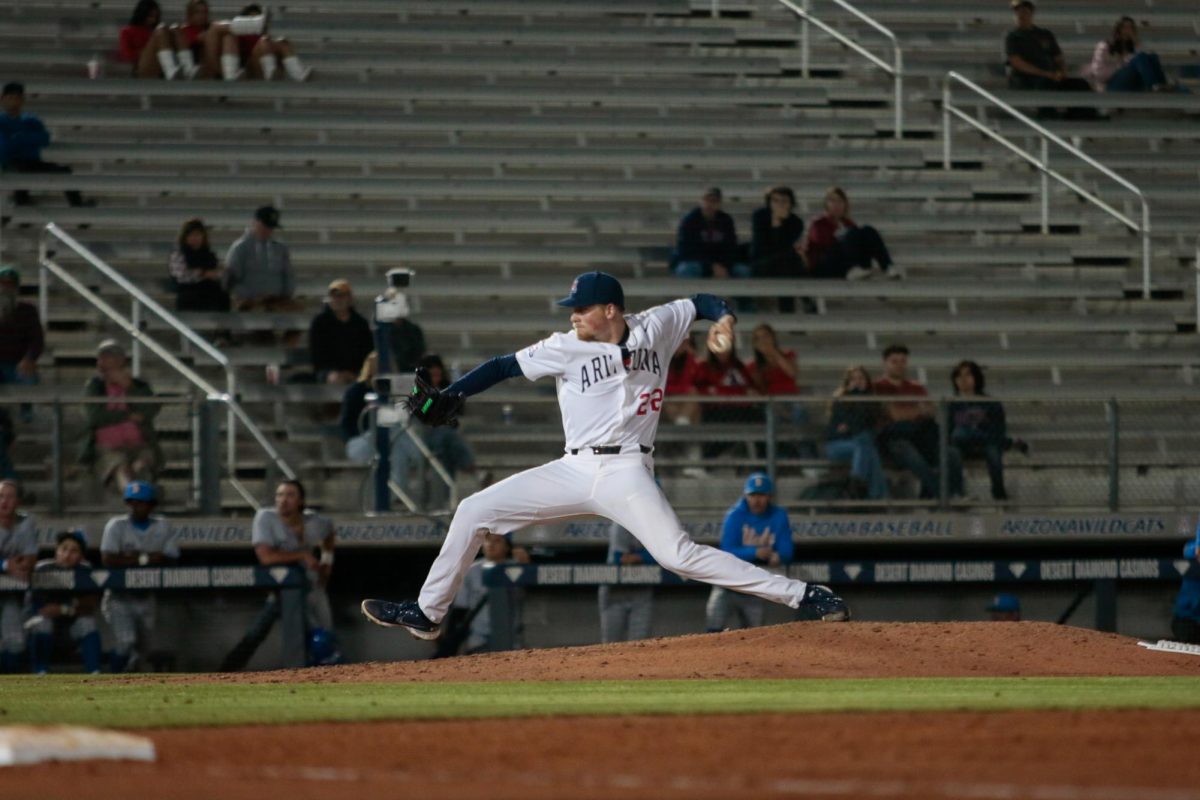 Jackson+Kent+pitches+against+UCLA++at+Hi-Corbett+Field+on+March+28.+Kent+struck+out+seven+batter+in+5.2+innings.