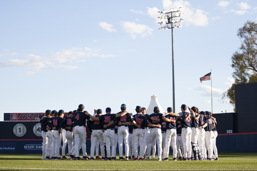 The+Arizona+Wildcats+huddle+before+the+baseball+game+against+GCU+on+March+19+at+Hi+Corbett+Field.+Arizona+came+off+a+14-run+offensive+explosion.