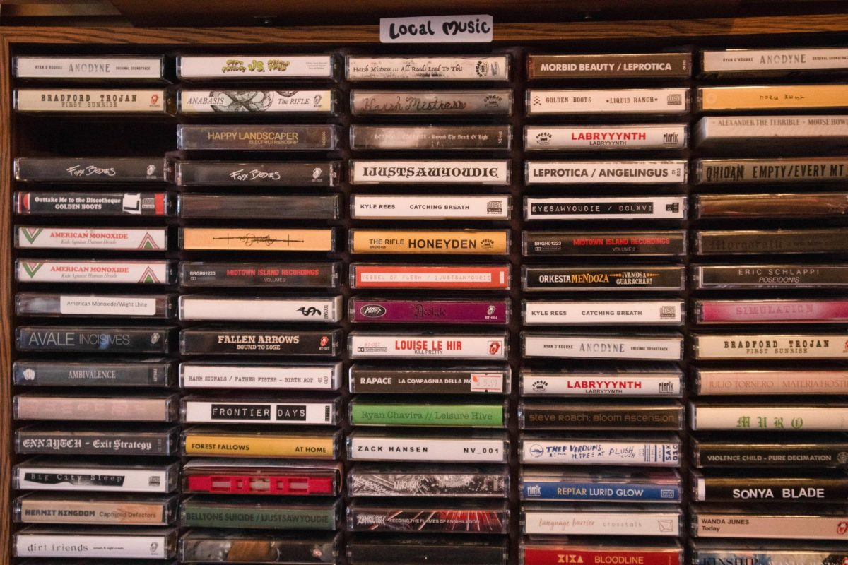 A shelf of cassette tapes showcases local music at Wooden Tooth Records on March 25. Wooden Tooth Records hosts a large collection of cassettes in addition to records.
