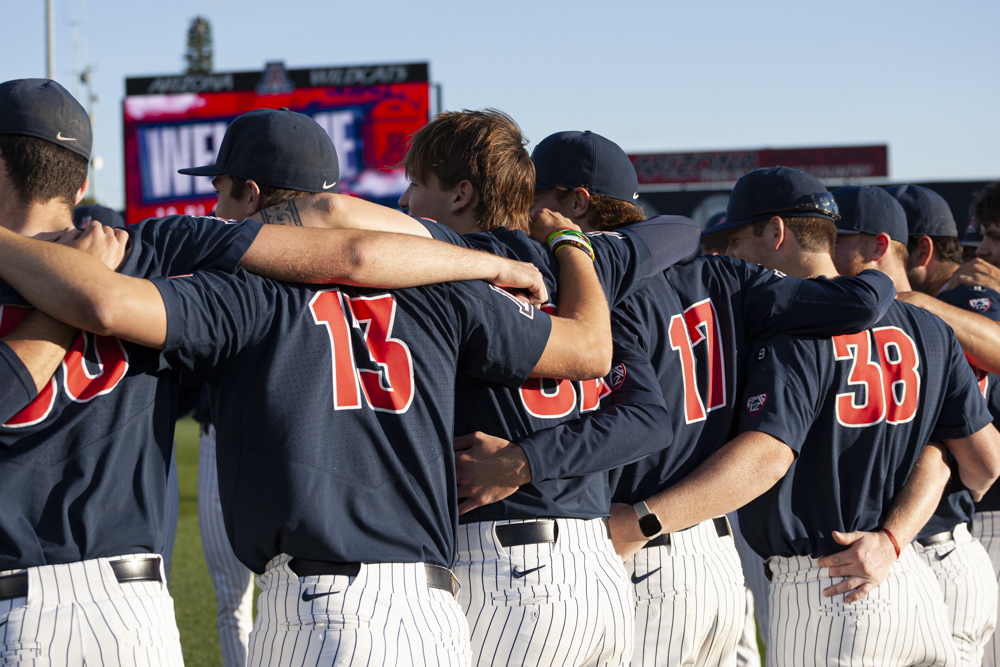 Arizona Wildcats in team huddle before the game against GCU Lopes Tuesday March 19th at Hi Corbett Field. Wildcats taking the win 6-4.