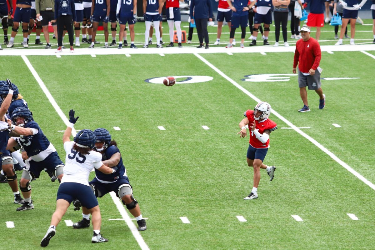 Starting quarterback Noah Fifita gets in practice throws during spring ball practice at Arizona Stadium on March 30. Fifita became the starting quarterback earlier in the year after beginning as a backup.