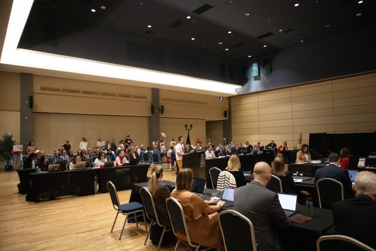 Faculty, students and community members speak to the Arizona Board of Regents during a meeting on April 18 at the University of Arizona. With the ongoing financial crisis, United Campus Workers Arizona has been protesting the Board of Regents and UA President Robert Robbins.
