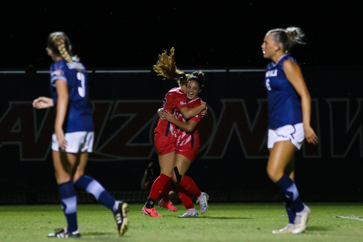 Jessica Bedolla and Gianna Christiansen celebrate a goal together in their home game against NAU on Aug. 22. Jessica would not only score a goal but an assist in the game as well.