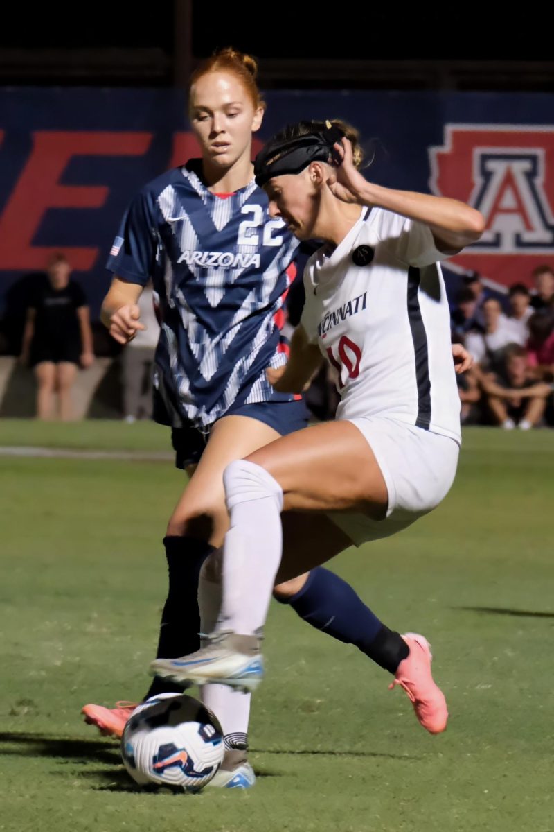 Marley Chappel of the Arizona Wildcats and a Cincinnati player battle for possession during their game on Sept. 26 at Murphey Field at Mulcahy Stadium. The Wildcats were able to stop the Cincinnati offense in its tracks allowing no goals.