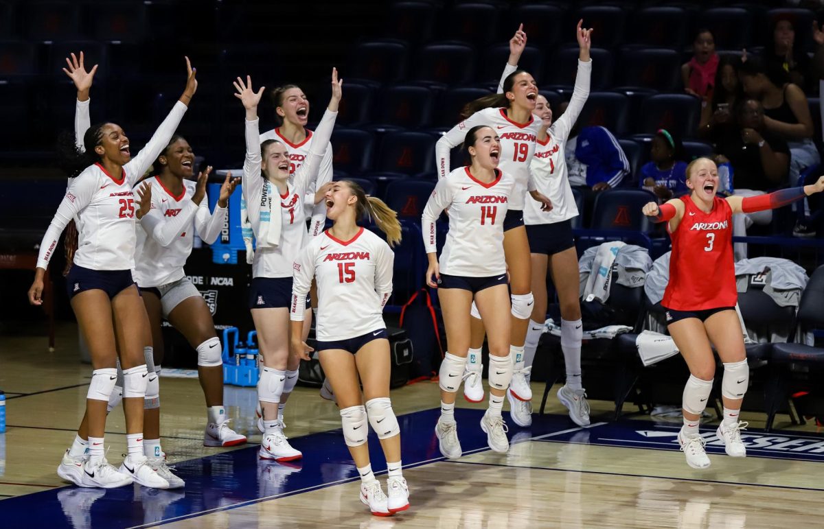 The Arizona Volleyball players celebrates a big play against Tennessee State on Sep. 1. in McKale Center. Arizona is 3-0 on the year.