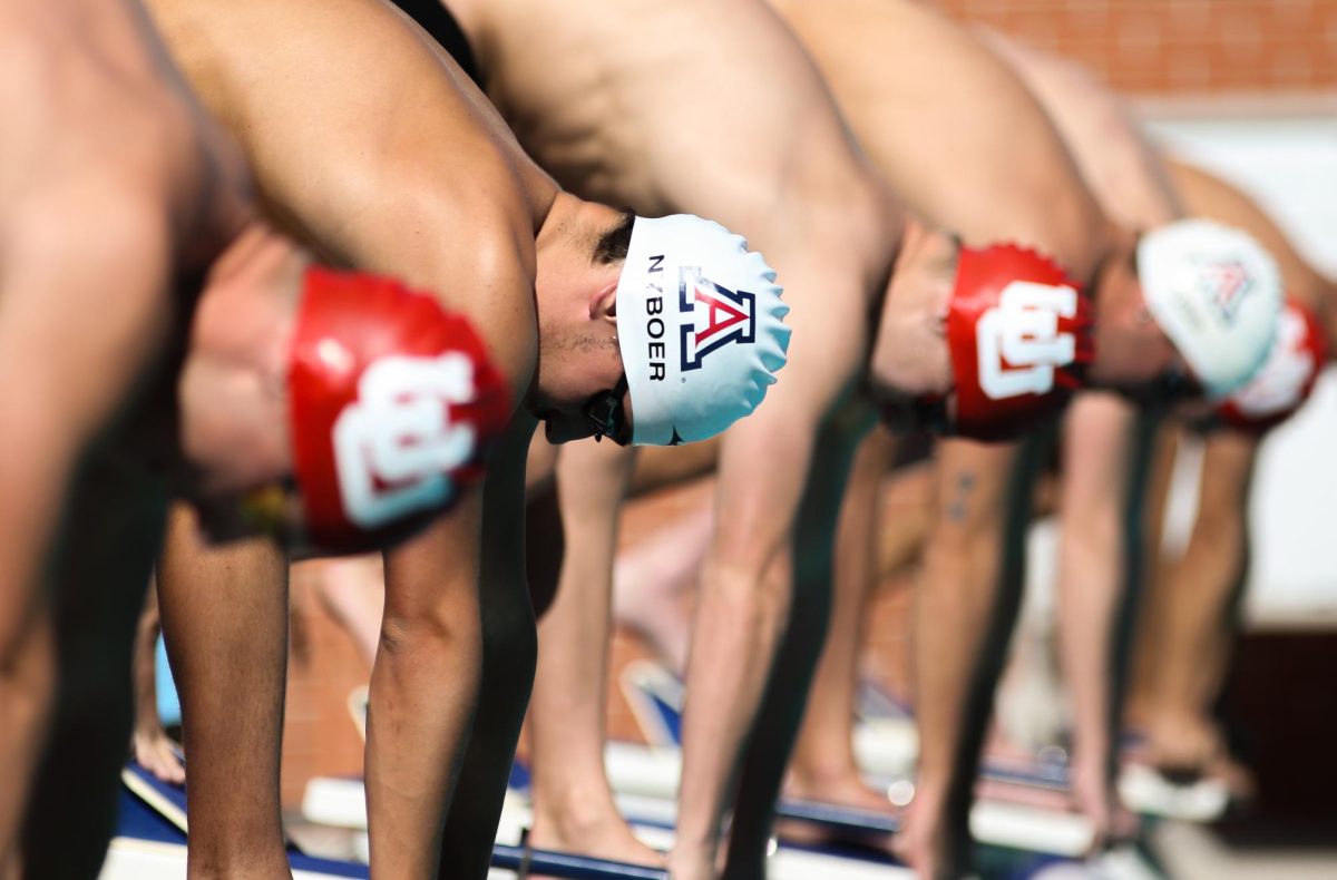 Mason Nyboer gets set to race the 500 Yard Freestyle event against Utah on Oct. 26 at Rita Hillenbrad Aquatic Center.  Nyboer placed second.