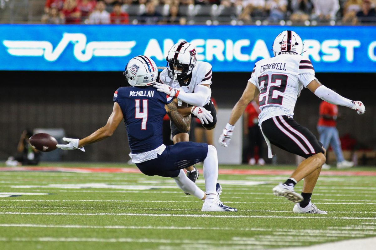 Tetairoa McMillan drops a pass early in the first quarter against Texas Tech at Arizona Stadium on Oct. 5.  McMillan has recorded only one touchdown since the season opener in which he had three.