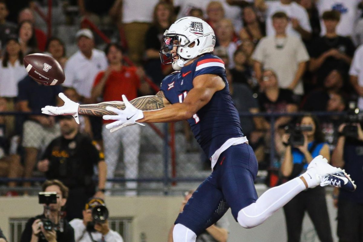 Tetairoa McMillan drops a pass against Texas Tech at Arizona Stadium on Oct. 5.  McMillan has recorded only one touchdown since the season opener in which he had three.