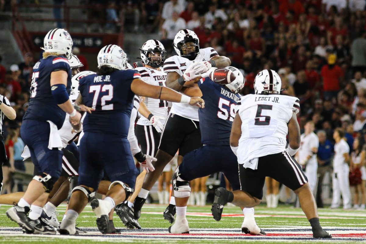 Arizona fumbles the ball which is recovered by Texas Tech in the second quarter of their home matchup on Oct. 5.  Arizona totalled three turnovers in their loss to Texas Tech.