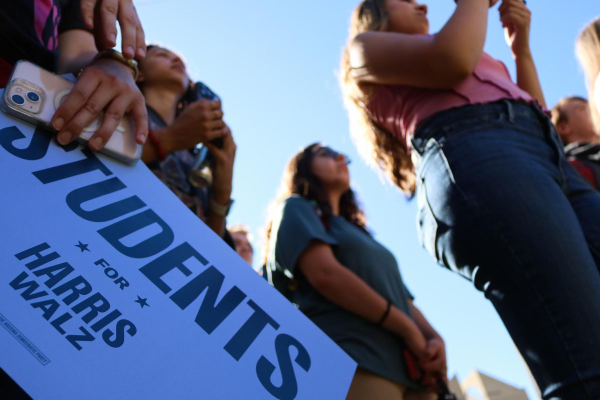 UA students listen to Beto O'Rourke speak on the UA Mall on Oct. 24. O'Rourke urged the youth to vote and to spread the Harris-Walz message on social media.