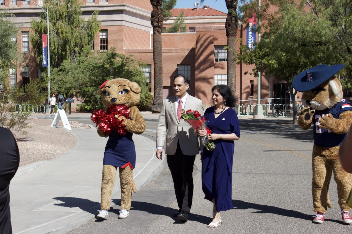 President Suresh Garimella walks towards Old Main with his wife, Mrs. Lakshmi Garimella for his welcome party on Oct. 2. Wilbur and Wilma led the couple to their welcome on the mall at around 10 a.m. on Oct. 2.