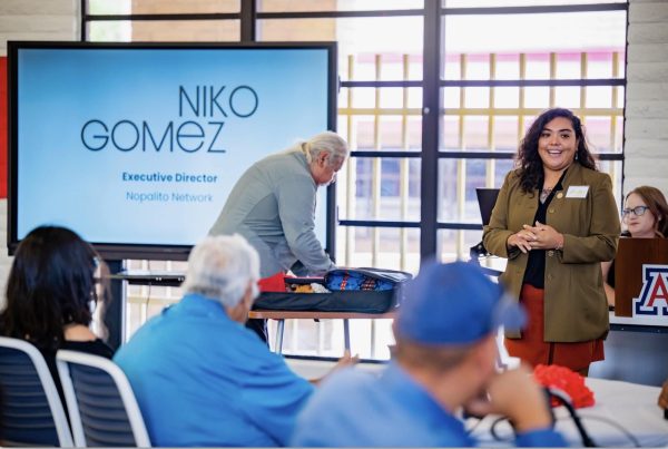 Nicolette Gomez addresses the first cohort of graduates of the Yaqui-Tech Innovation Lab.