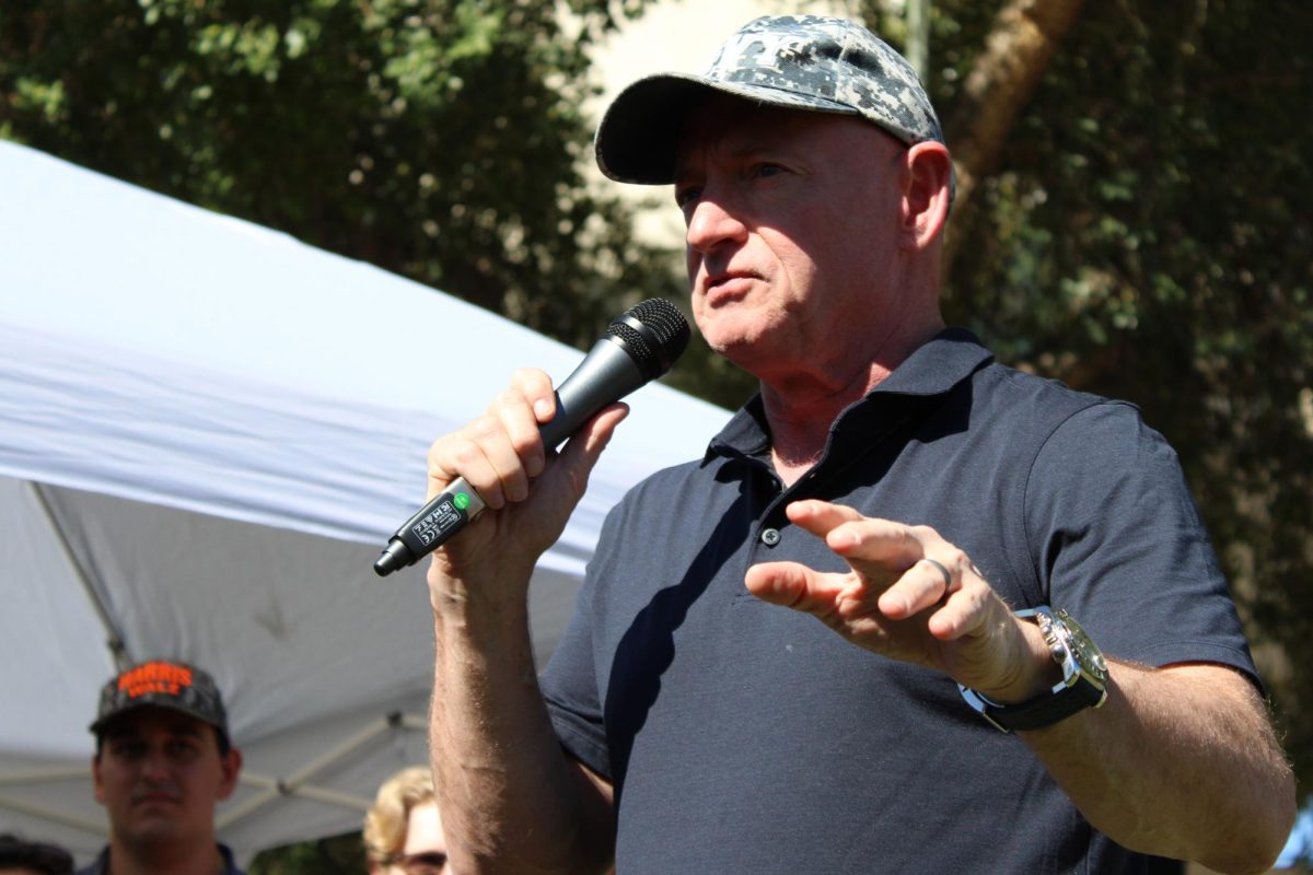 Arizona Senator Mark Kelly makes a speech on the UA campus on Oct. 15. "This guy shouldn't be allowed in the oval office," Kelly said about candidate Donald Trump.