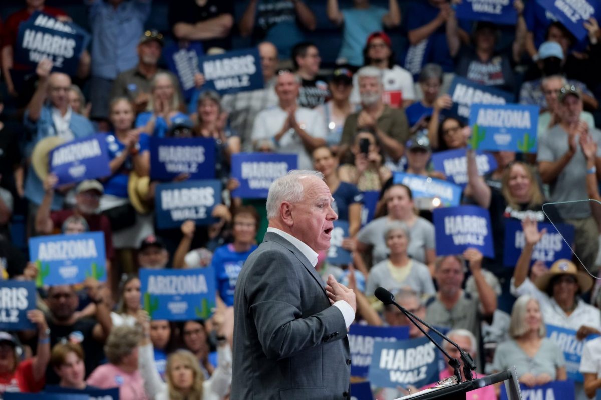 Governor Tim Walz speaks at a rally at Palo Verde High Magnet School on Oct. 9. The vice presidential candidate made Tucson his final stop on his trip to Arizona to encourage early voting.