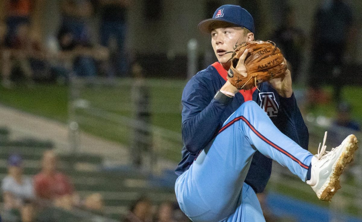 An Arizona baseball pitcher pitches one inning in the Wildcats first fall ball game of the 2024 fall season on Oct. 3 at Kino Veterans Memorial Stadium at Kino Sports Complex. Arizona won the game against the Mexican baseball team Naranjeros de Hermosillo 7-1.