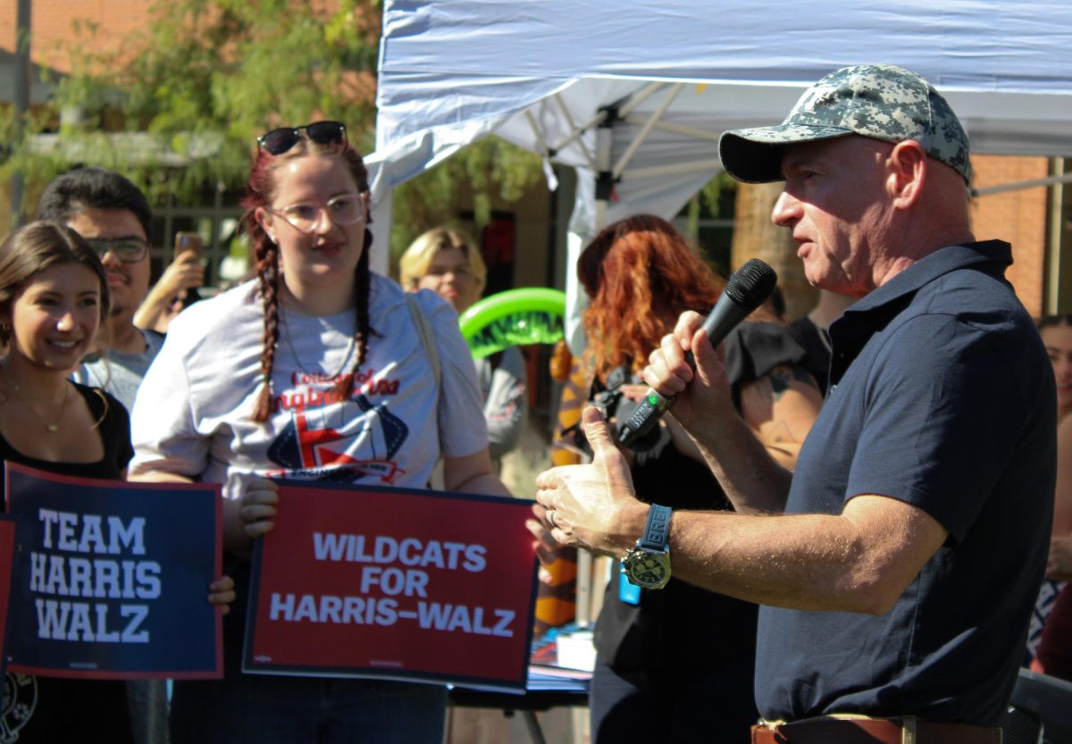 U.S. Senator for Arizona Mark Kelly makes a speech on the University of Arizona campus on Oct. 15. "This guy shouldn't be allowed in the oval office," Kelly said about candidate Donald Trump.