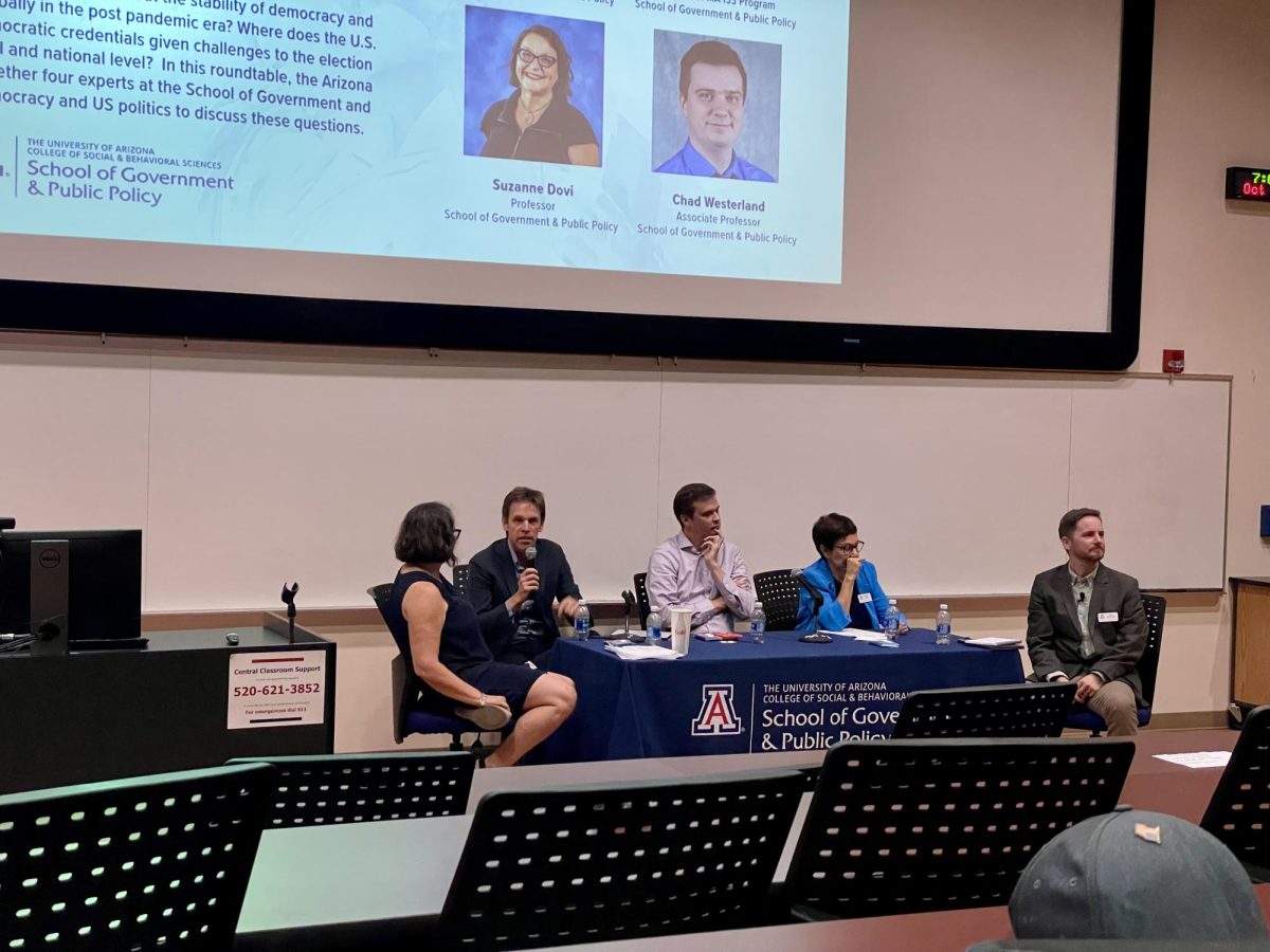 Speakers from the School of Government and Public Policy discuss the fate of democracy in the United States on Oct. 10. The roundtable discussion event took place at the Manuel Pacheco Integrated Learning Center and was open to the public.