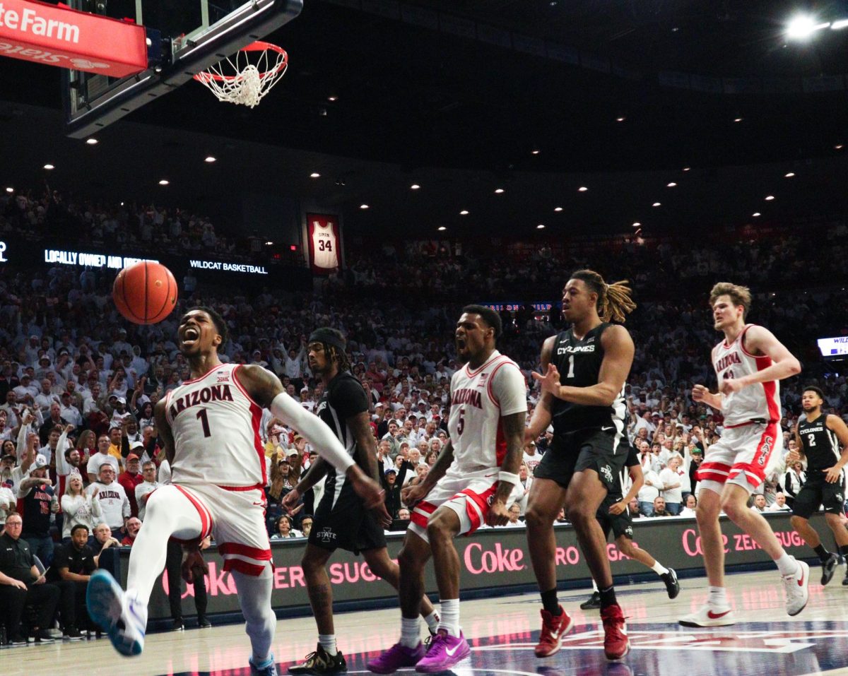 University of Arizona men's basketball players during the Wildcats’ game against Iowa State on Jan. 27 in McKale Center. Love led Arizona with 22 points including a behind midcourt shot that sent the game into overtime. 