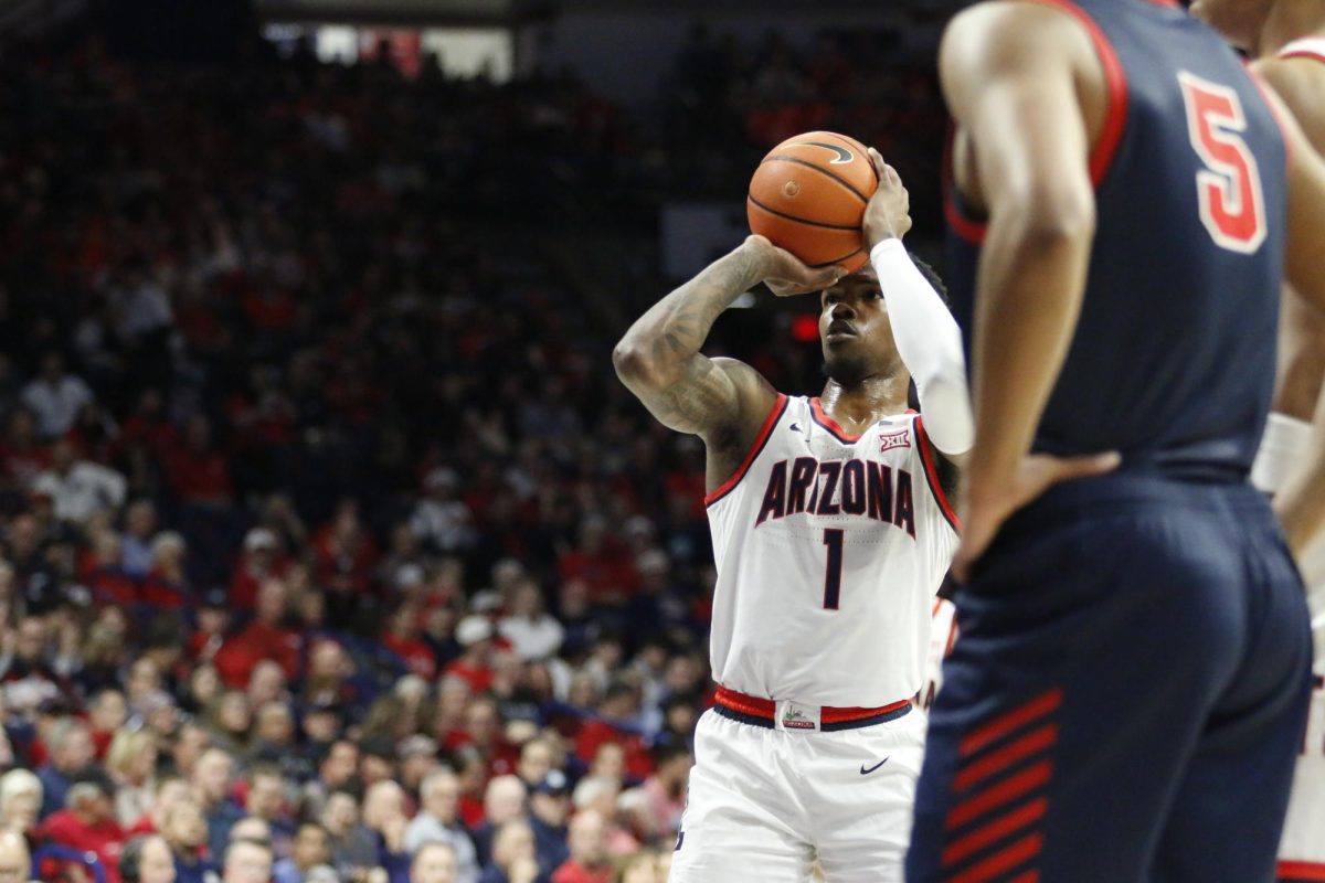 Fifth-year guard Caleb Love takes a shot from the free throw line in the Wildcats' game against Samford University on Dec. 18 in McKale Center. This season, Love has completed 89.7% of his free throws. 