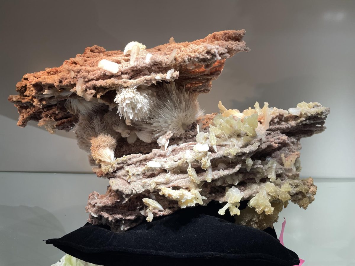 A formation of Scolecite on Filigree Heulandite. Mined from the Maharashtra region of India and on Display at the Matrix India storehouse located at 501 W. Lester St.