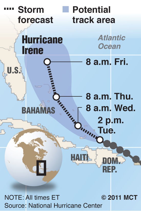 Map+showing+projected+track+of+Hurricane+Irene%3B+Irene+is+tracking+toward+the+U.S.+MCT+2011%0A