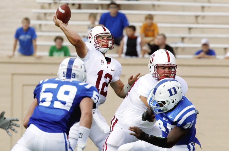 Stanford quarterback Andrew Luck (12) finds a passing lane against the Duke defense on Saturday September 10, 2011, at Wallace Wade Stadium in Durham, North Carolina. (Chuck Liddy/Raleigh News & Observer/MCT) 