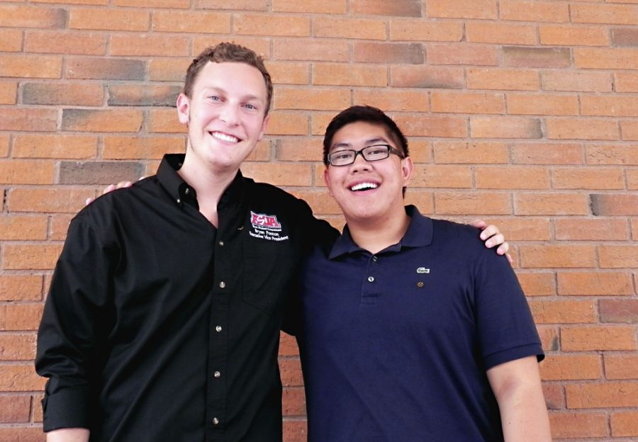 Juni Nelson / Arizona Daily Wildcat

Journalism senior Bryan Ponton (left) and physiology sophmore Aaron Tatad (right) strut their newly formed brotherhood on Sept. 9, 2011. Ponton and Tatad are two of the 31 founding fathers for the fraternity of Alpha Sigma Phi.
