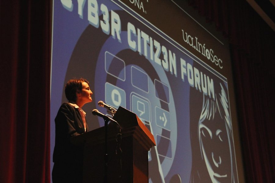 Kevin Brost / Arizona Daily Wildcat
Michele Norin, Chief Information Officer & Executive Director of University Information Technology Services, speaks about cyber security and information technology at the Cyber Citizen Forum in Centennial Hall on October 27, 2011.