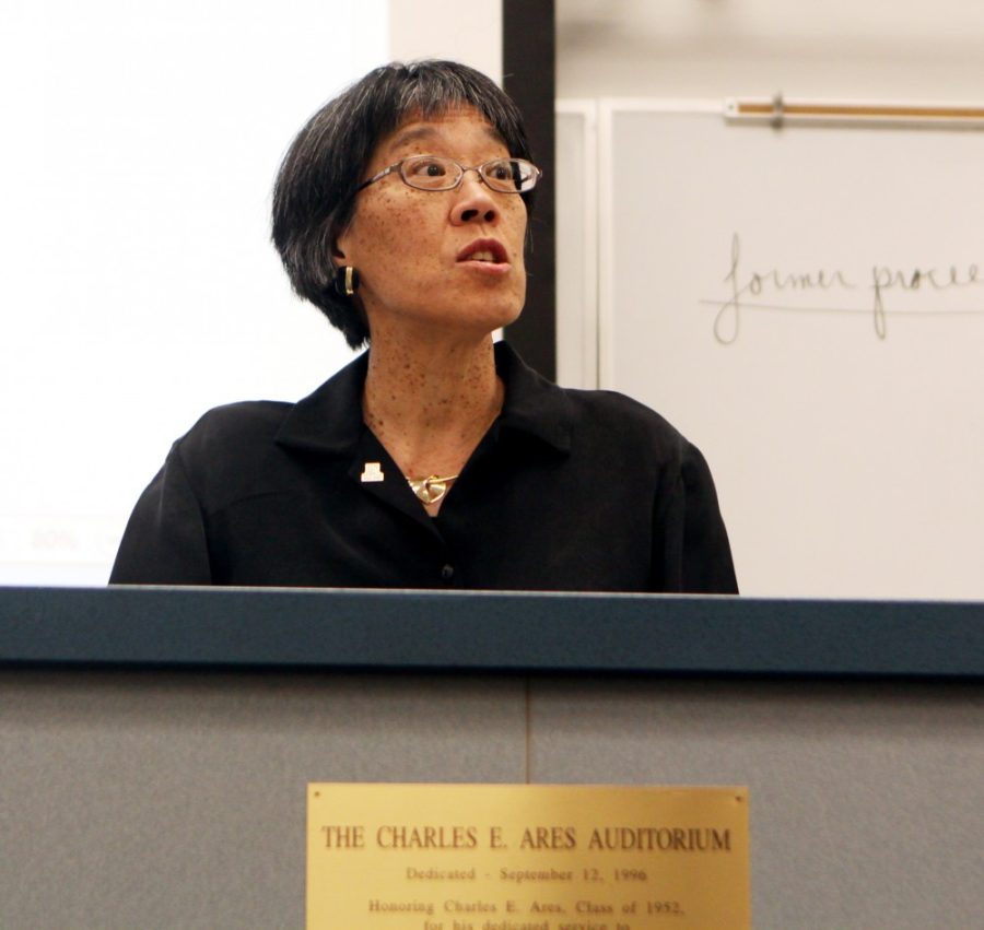 Will Ferguson / Arizona Daily Wildcat

Jacqueline Mok, UA provost and presidents chief of staff, speaks at a Oct. 3, Faculty Senate meeting. The meeting took place at the James E. Rogers College of Law. 