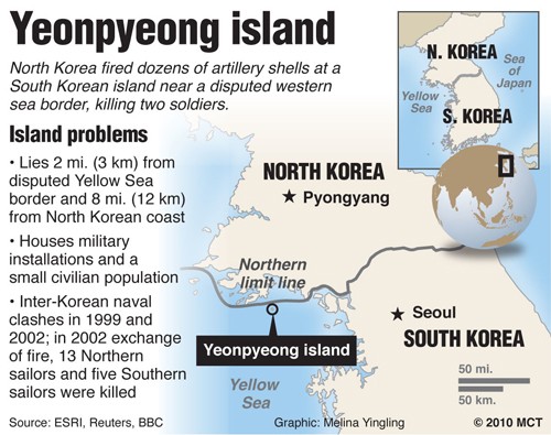 Map, profile info on South Koreas Yeonpyeong Island, which North Korea has bombarded with artillery shells. MCT 2010

16000000; krtnews; krtwar war; krtworld world; WAR; krt; 2010; krt2010; mctgraphic; krtworldnews; KOR; krtasia asia; north korea; PRK; south korea; krt mct; yingling; 16010000; border; conflict; map; yellow sea; yeonpyeong island; 11000000; 11001000; DEF; defense; krtpolitics politics; krtworldpolitics; POL