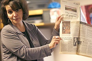 Olga Briseno, director of the Media, Democracy and Policy Initiative, displays an article she once wrote on C