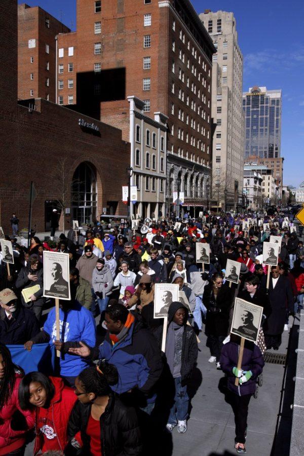 Hundreds+of+people+stroll+down+Fayetteville+Street+during+the+annual+Martin+Luther+King+Memorial+March+in+Raleigh%2C+North+Carolina%2C+Monday%2C+January+16%2C+2012.+%28Takaaki+Iwabu%2FRaleigh+News+%26+Observer%2FMCT%29
