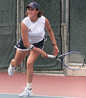 Sophomore tennis player Danielle Steinberg follows though on a serve in Arizonas 4-1 loss to then-No.1 Stanford April 14 at the Robson Tennis Center. Steinberg alternated between the No. 1 and No. 2 spots on Arizonas roster last year after coming in as a 21-year-old freshman fresh off a two-year stint in the Israeli Army.
