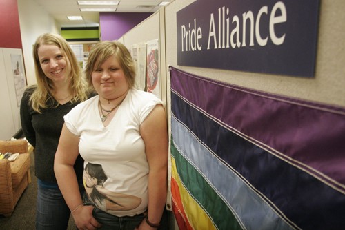 ASUA Pride Alliance advisor, Jennifer Hoefle, left, and co-director, Kira Johnson, stand true to their colors outside the Pride Alliance office in the Center for Student Involvement and Leadership on Wednesday November 25. The main goal of the Pride Alliance is to ,strive to maintain a resource center that offers a secure, supportive social and academic environment to lesbian, gay, bisexual, transgender and questioning individuals.

Colin Darland/Arizona Daily Wildcat