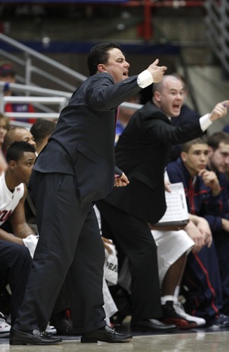 Arizona mens basketball head coach Sean Miller yells instructions to the Arizona men?s basketball team during the Wildcats? 70-57 win over Oregon on Feb. 11. Miller has said that the loss to Oregon State just two days later on Feb. 13 was the ?rock bottom? of his coaching career. 
