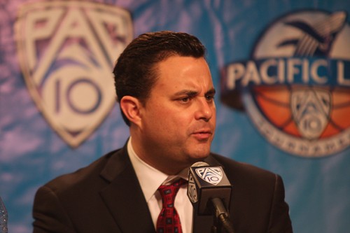 Arizona head coach Sean Miller addresses the media at the post-game press conference after defeating the Oregon State Beavers 78-69 in the 2011 Pacific Life Pac-10 Tournament from STAPLES Center in Los Angeles, Calif.