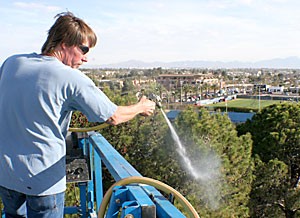 Jeff Peterson, a maintenance worker for Civano Nursery, sprays sealer on trees north of McKale Center yesterday in preparation to relocate them later this week. You can see the whole campus from up here, said Peterson, who raises himself to the treetops in a power lift.