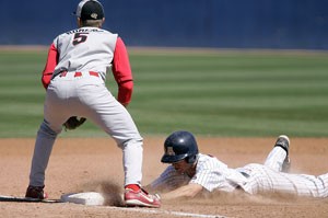Arizona shortstop Bryce Ortega slides into third base for an RBI triple in the fourth inning of yesterday afternoons 13-4 series-clinching win over San Diego State at Sancet Stadium. Ortega went 3-for-4 at the plate with two RBIs, scored two runs and swiped a base to pace the Wildcat win.