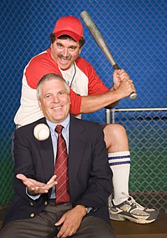 Michael (Jeff Scotland, seated) and Don (Michael Woodson) star in the Invisible Theatres production of Rounding Third, a play about the friendship between two Little League coaches.