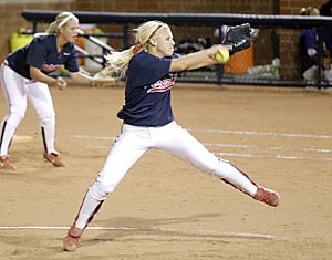 UA ace Taryne Mowatt drills a pitch to the plate during a 10-1 exhibition win over Eastern Arizona on Saturday at Hillenbrand Stadium. Mowatt, who pitched in relief against Eastern Arizona College, had nine strikeouts over five innings pitched in the doubleheader.
