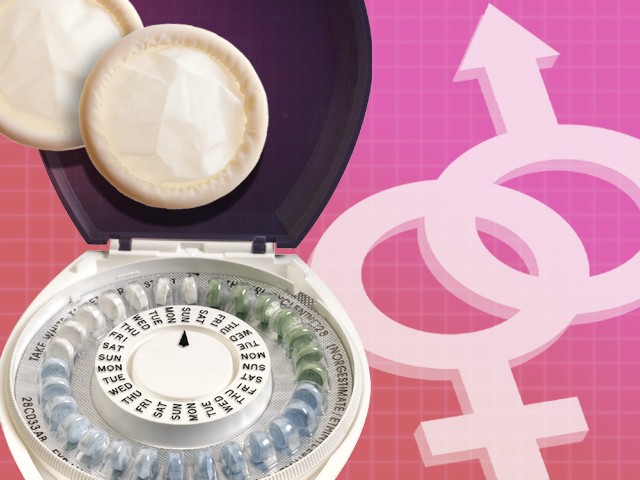Graphic shows pill package, condoms and sex symbols over pink background