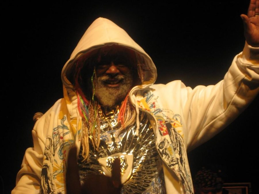 George Clinton greets the audience at The Rialto Tuesday night.