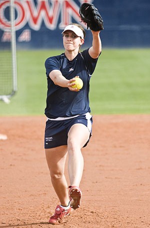 Arizona pitcher Lindsey Sisk winds up during practice at Hillenbrand Stadium on Wednesday. The freshman has been a surprise addition to the Wildcats pitching staff as she brings an 8-1 record and 0.69 ERA into this weekends home series against New Mexico.
