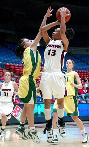 Arizona guard Tasha Dickey jumps up for a shot in a 65-60 Wildcat win over Oregon in McKale Center on Jan. 31. The Arizona womens basketball team will play its last two home games of the season this weekend.