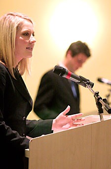 ASUA presidential candidate Erin Hertzog rebuts Matt Van Horns comments during their first debate last night in the SUMC.