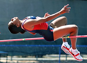 Claire C. Laurence / Arizona Daily Wildcat

Freshman Shevell Quinley tries to clear the pole during the high jump event of the womens heptathlon yesterday morning at Drachman Stadium. Arizona track and field athletes will compete again tomorrow in the final day of the Click Combined Events.

Shevell Quinley - womens heptathlon; high jump
Jake Arnold - mens decathlon; long jump
Chris Smith - mens decathlon; shot put
