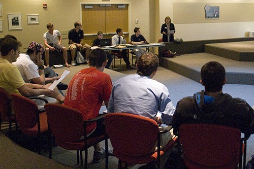 Valentina Martinelli /Arizona Daily Wildcat
Kim Thompson, the vice resident of philanthropy for Emerge! Center Against Domestic Abuse, speaks to the Inter-fraternity Council in the Kiva Room on Tuesday March 22, 2011. The IFC passed the motion to work with Emerge!